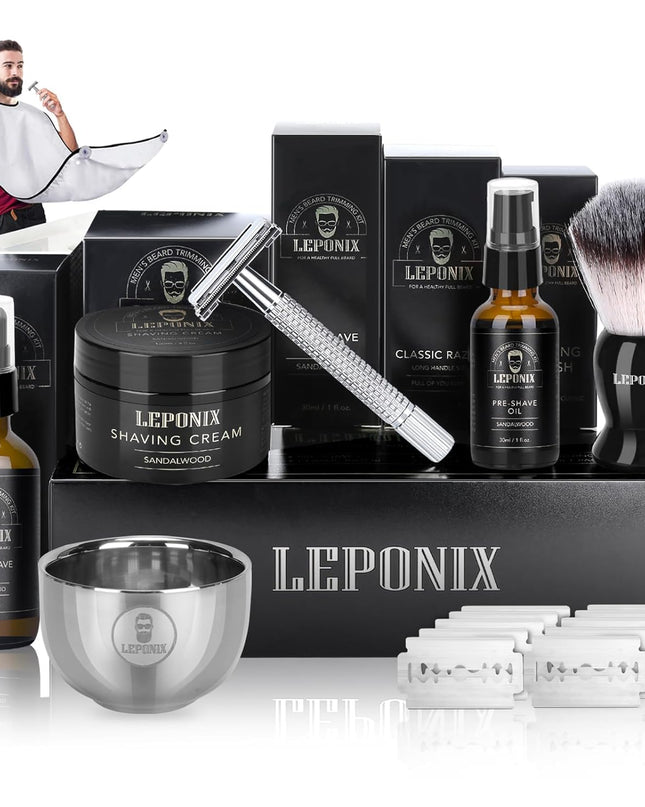 Shaving Kit for Men, Include Safety Razor, Sandalwood Shaving Cream, Mens aftershave, Pre Shave Oil, Shaving Brush and Bowl, Shaving Bib -Unique Gifts for Men Him Stocking Stuffers
