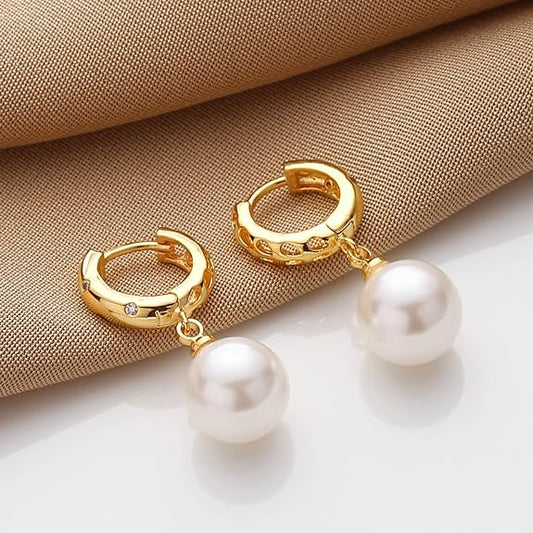 XYJZXY Elegant Simulated Pearl Hoop Earrings for Women Lightweight Faux Pearl Earrings Dangle Drop Earrings CZ Diamond Pearl Earrings Wedding Jewelry