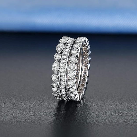 OPOMOMO 3 Pcs 2mm Women Stackable Eternity Ring Wedding Bands,18K White Gold Plated Cubic Zirconia Rings Pack Size 8