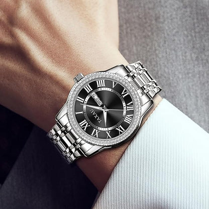 Men's Watch, Big Face Easy to Read Silver Gold Stainless Steel Men Quartz Watch with Day Date, Luxury Diamond Roman Numeral Waterproof Men's Dress Watch