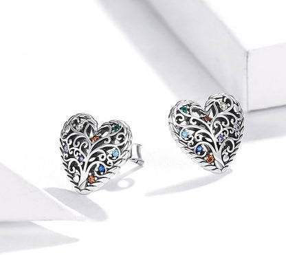 Qings Tree of Life Earrings Heart Studs, 925 Sterling Silver Earrings Hypoallergenic Studs, Jewellery Gifts For Her Women Valentine's Day Engagement Birthday Anniversary with Gift Box