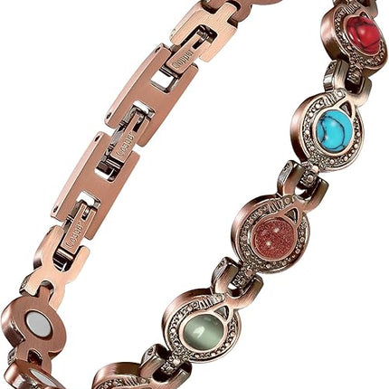 Feraco Pure Copper Bracelets for Women, Ultra Strength Magnetic Bracelet with 3800 Gauss Magnets & Natural Turquoise & Stones, Adjustable, Jewelry Gift
