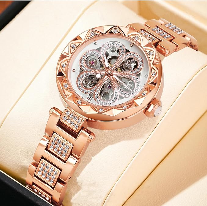 FORSINING Women Automatic Mechanical Watches Skeleton Steampunk Watch with Diamond and Carving Flower Craft Cold Watch for Women Minimalist Retro Design Mechanical Skeleton Wrist Watch Transparent