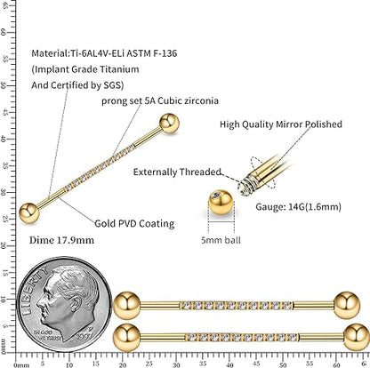 Gold Industrial Piercing Jewelry 14G 36mm 38mm 1pc - ASTM F136 Titanium Industrial Barbell, Industrial Earrings