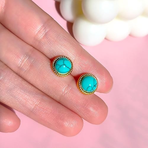 8mm Turquoise Stone Stud Earrings for Women, WGXIA Natural Green Gemstone Round Stud Earrings Handmade Jewelry for Girls