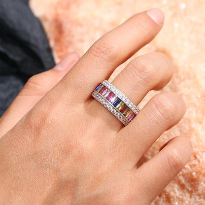 Hermosa Silver Ring for Women Wide, Multicolor Band Baguette Gemstone Rings, Silver Knuckle Women Rings Set Jewelry