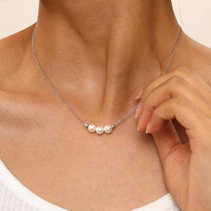 Pearl Necklace for Women, 925 Sterling Silver Dainty Pearl Pendant Necklace Jewelry Gift, Simple 3 White Pearl Choker Necklaces for Mom Friends Grandma Daughter Mother Day Birthday Wedding Valentines Christmas Party