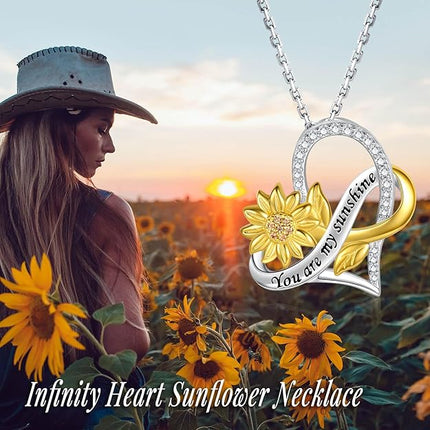 APOTIE You Are My Sunshine Necklace Sterling Silver Infinity Cross Heart Sunflower Pendant Flower Inspirational Jewelry Gift for Mom Daughter Wife Women