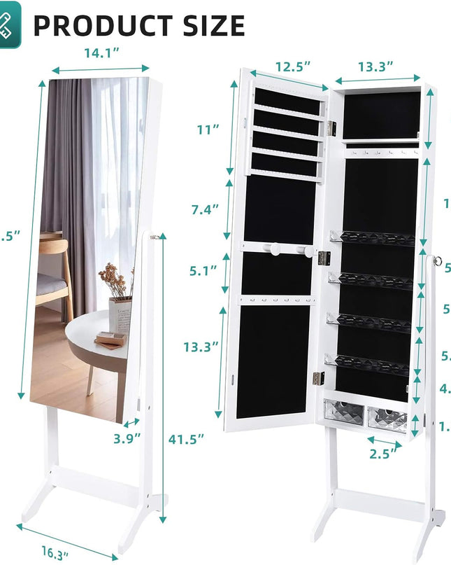 YITAHOME 2 in 1 Jewelry Cabinet with Full Length Mirror, Standing Large Capacity Jewelry Armoire Organizer with 2 Drawers, 3 Angle Adjustable, White