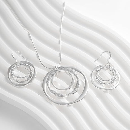 3 Circles Silver Hoop Earrings and Necklace Set for Women - 925 Plated Hypoallergenic Small Hoops