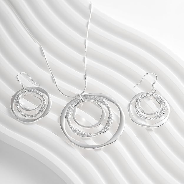 3 Circles Silver Hoop Earrings and Necklace Set for Women - 925 Plated Hypoallergenic Small Hoops
