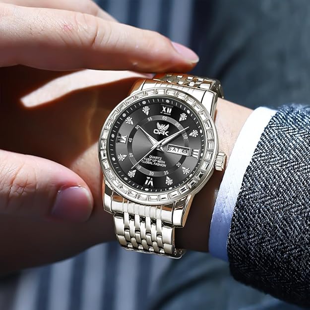 OPK Mens Watch Simple Fashion Diamonds Stainless Steel Analog Men Wrist Watch Diamond Large Dial Waterproof Date Casual Watch for Man