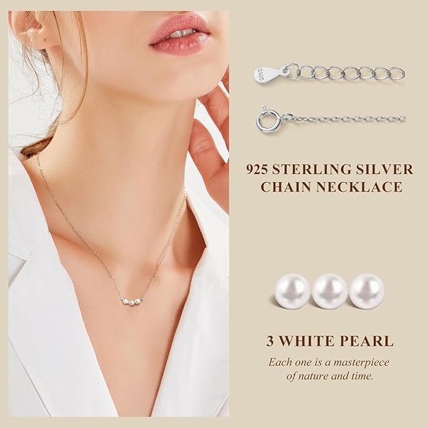 Pearl Necklace for Women, 925 Sterling Silver Dainty Pearl Pendant Necklace Jewelry Gift, Simple 3 White Pearl Choker Necklaces for Mom Friends Grandma Daughter Mother Day Birthday Wedding Valentines Christmas Party