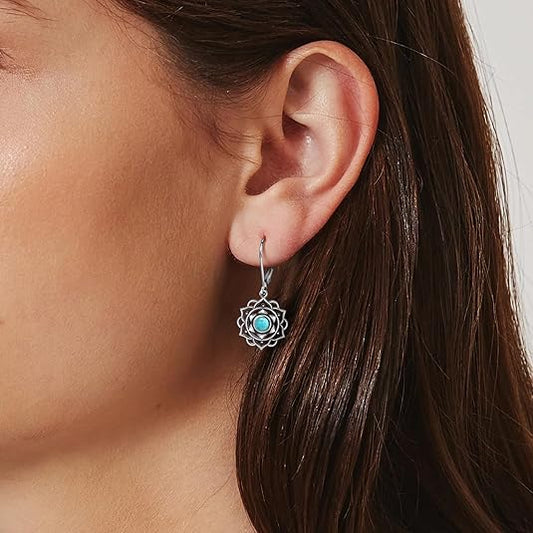 Turquoise Flower Earrings for Women 925 Sterling Silver Dangle Drop Earrings Round/Oval/Marquise Shape Turquoise Earring Push Back/Leverback