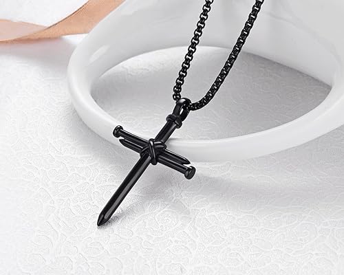 Men's Stainless Steel Nail Cross Pendant Necklace With 24 Inch Chain Polished Black Gold Silver