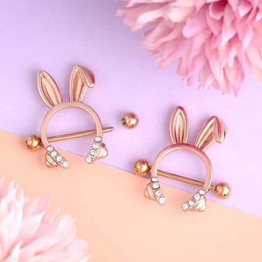 Melighting Dainty Rabbit Nipple Rings 14G Rosy Bunny Ear Clear CZ Nipple Piercing Barbell Surgical Steel 316L Nipple Piercing Jewelry for Women Girls