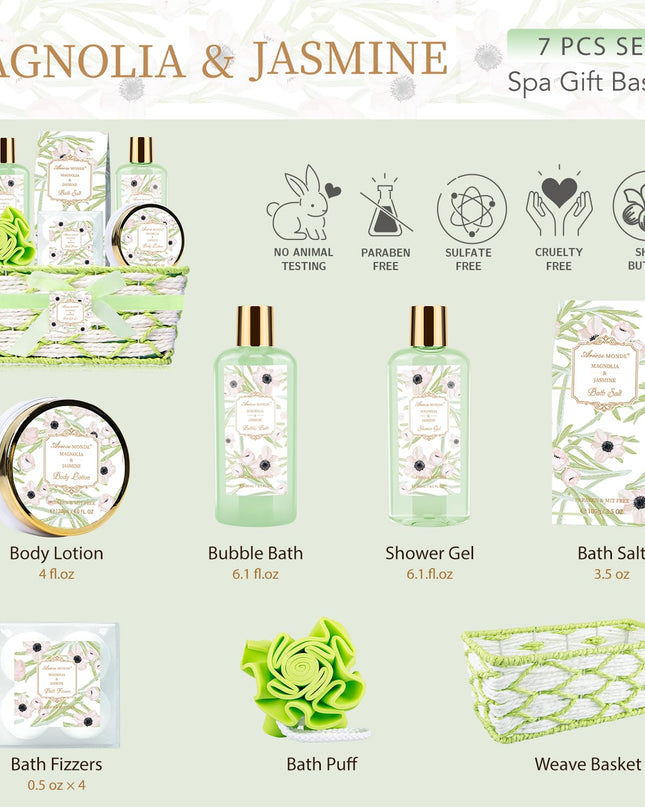 Spa Gifts for Women, Bath Sets for Women Gift, 7Pcs Spa Gift Set w/Shower Gel, Bubble Bath, Bath Salts, Bath Bomb, Body Lotion, Christmas Gifts for Women, Magnolia & Jasmine Bath Set