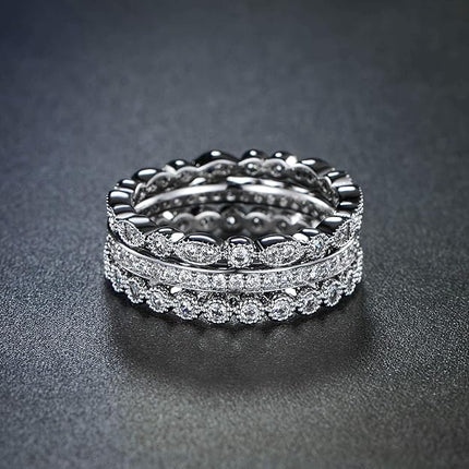 OPOMOMO 3 Pcs 2mm Women Stackable Eternity Ring Wedding Bands,18K White Gold Plated Cubic Zirconia Rings Pack Size 8