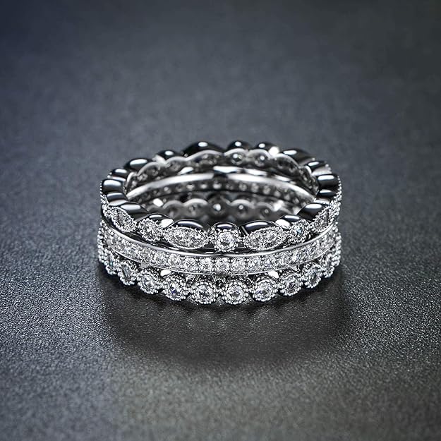 OPOMOMO 3 Pcs 2mm Women Stackable Eternity Ring Wedding Bands,18K White Gold Plated Cubic Zirconia Rings Pack Size 8