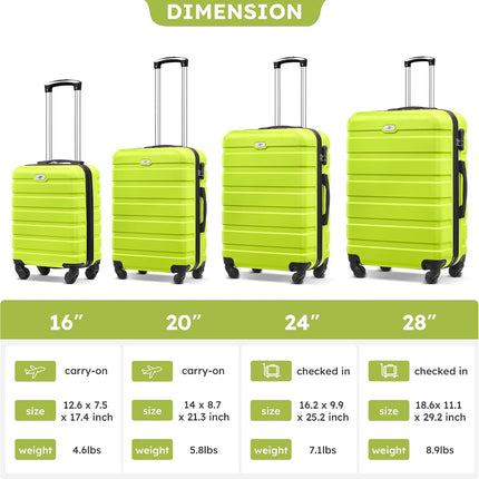 4 Piece Luggage Sets, Hard Shell Suitcase Set with Spinner Wheels 16 20 24 28inch Travel Sets(Green)