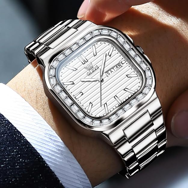 OLEVS Mens Tank Watch Minimalist Diamond Watch Fashion Dress Analog Quartz Mens Watches Rectangular Waterproof Stainless Steel Luminous with Date Watches for Men