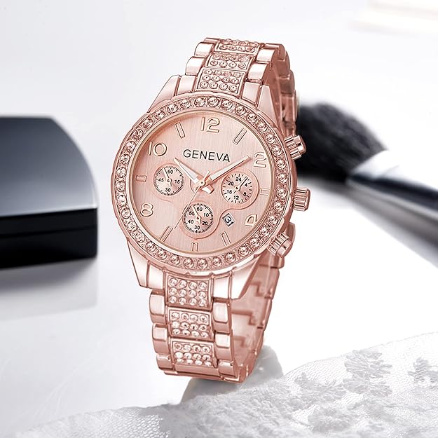 Gosasa Luxury Unisex Crystal Diamond Watches Quartz Digital Calendar Rose Gold Silver Stainless Steel Watch