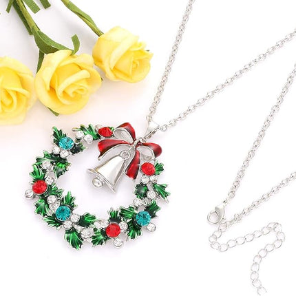 YAHPERN Christmas Necklaces For Women Glitzy Rhinestone Xmas Wreath Bell Pendant Necklace Holiday Jewelry Gift