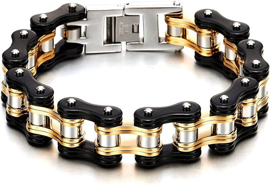 COOLSTEELANDBEYOND Masculine Men's Bike Chain Bracelet of Stainless Steel Two-Tone Polished