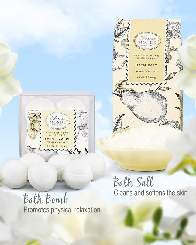 Bath & Shower Spa Gift Basket Set, with English Pear & Freesia Fragrance Bath Gift Basket for Women & Men Includes Body Lotion, Shower Gel, Bath Salts, Bubble Bath, Body Scrub and More, 9 Pcs