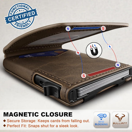 BULLIANT Men Slim Magnetic Leather Wallet Metal Case Money Clip 9 Cards