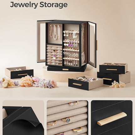 SONGMICS Jewelry Box 360° Rotating, Jewelry Storage Case with 5 Drawers, Jewelry Organizer, Glass Window, Spacious, Vertical Jewelry Storage, Open Design, Great Gift