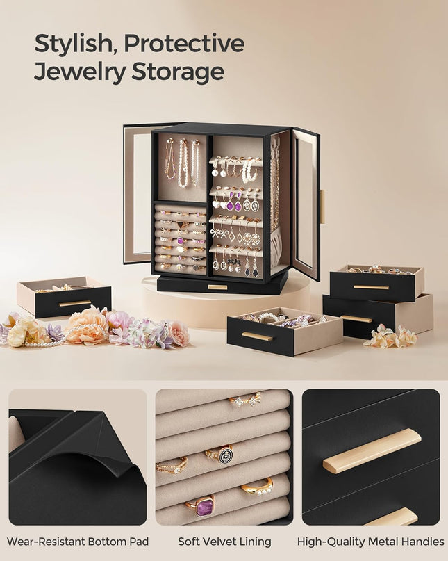 SONGMICS Jewelry Box 360° Rotating, Jewelry Storage Case with 5 Drawers, Jewelry Organizer, Glass Window, Spacious, Vertical Jewelry Storage, Open Design, Great Gift