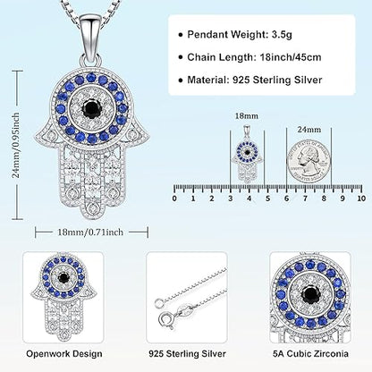 925 Sterling Silver Jewelry for Women, Hamsa Hand of Fatima Evil Eye Jewelry with Cubic Zirconia,Comes with Black Jewelry Gift Box