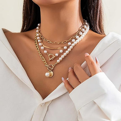 Gold Layered Chunky Necklace for Women Paperclip Chain Pearl Necklace Herringbone Necklace Gold Chunky Necklaces