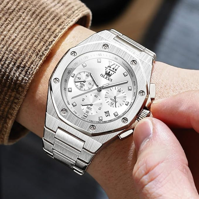 OLEVS Watches for Men Stainless Steel Business Dress Large Easy to Read Analog Watch Waterproof Luminous Casual Luxury Men Watch