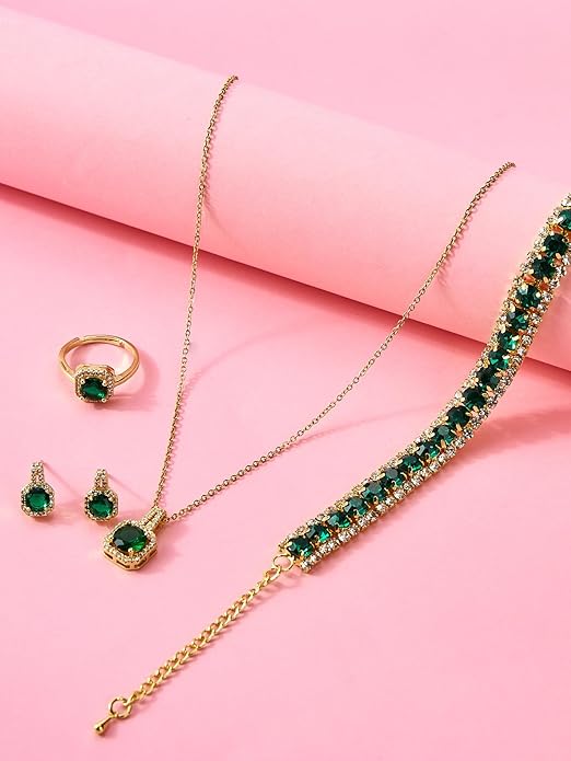 4pcs Cubic Zirconia Wedding Jewelry Sets for Bride Bridesmaid Cubic Zirconia Pendant Necklace Earrings Link Tennis Bracelet Open Ring Set for Women