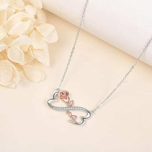 Infinity Necklace S925 Sterling Silver Infinity Rose Pendant Necklace Valentine's Jewelry Gifts for Women Girls