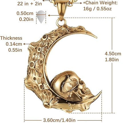 HZMAN Mens Women Gothic Retro Moon Crescent Skull Stainless Steel Pendant Necklace 22+2 Inch Chain