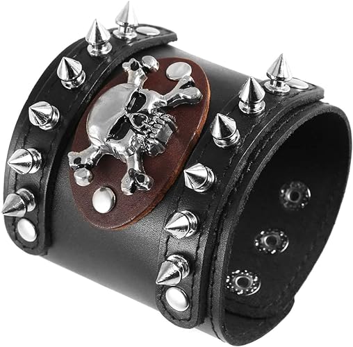 Men's Metal Rivet Skull Leather Bracelet Punk Rock Bike Style Wristband Adjustable