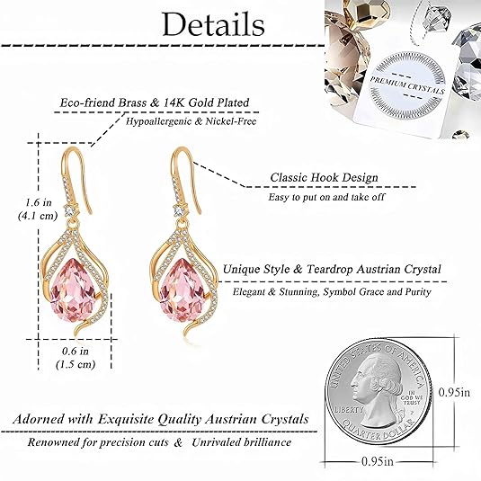 Austrian Crystal Hollow Teardrop Halo Drop Twisted Dangle Earrings for Women 14K Rose Gold Plated Hypoallergenic Jewelry