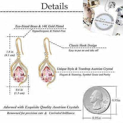 Austrian Crystal Hollow Teardrop Halo Drop Twisted Dangle Earrings for Women 14K Rose Gold Plated Hypoallergenic Jewelry