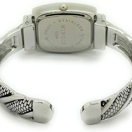 Ladies Rectangle Case with Small Studs Metal Bangle Cuff Fashion Analog Quartz Watch Mother of Pearl Dial Easy to Read Black Numbers Black Hour Minute Second Hands