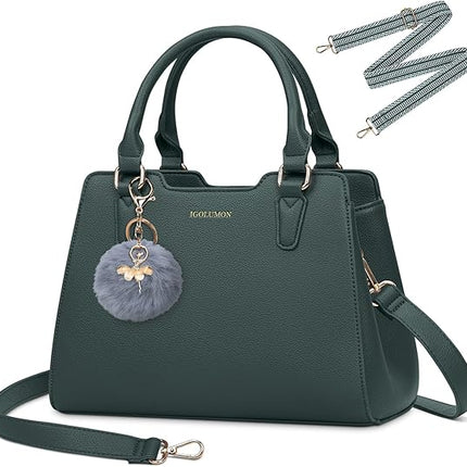 IGOLUMON Women's Top-Handle Handbags PU Vegan Leather Satchel Purses for Women Designer Tote Purse Handbag with Cute Pompom