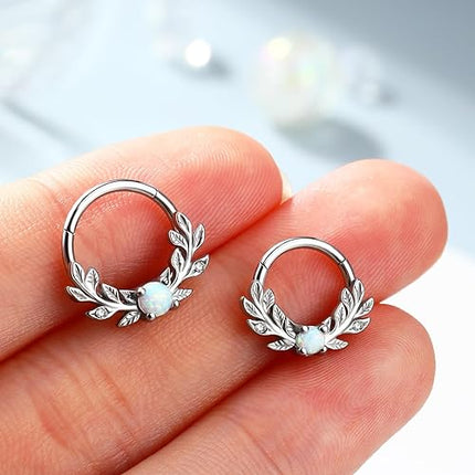 Melighting Opal Septum Ring 16G Vine Septum Jewelry Stainless Steel 316L Septum Piercing 10mm Daith Piercing Jewelry 8mm Conch Helix Earring Cartilage Earring for Women