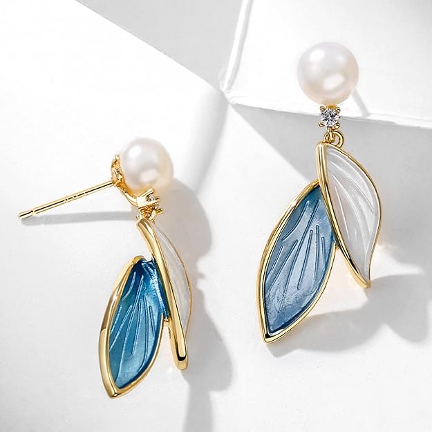 Enamel Leaf Pearl Earrings for Women Fashion Blue White Simple Small Dangle Earrings