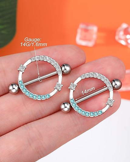 Melighting 14G Nipple Rings Shiny Stainless Steel 316L Clear Blue CZ Dainty Round Nipple Barbell Nipple Bars Body Piercing Jewelry for Women