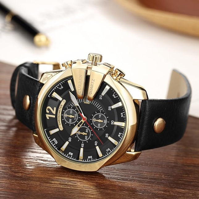 CURREN Men Watches Luxury Gold Male Fashion Leather Strap Outdoor Casual Sport Wristwatch with Big Dial