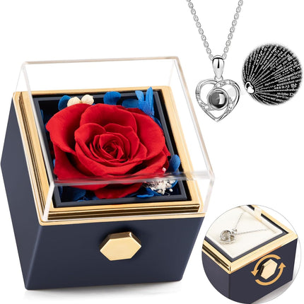 Preserved Real Red Forever Rose Rotating Box with I Love You Necklace 100 Languages,Eternal Flower for Delivery Prime Valentines Day Gifts for Her Women Mom Grandma Wife Girlfriend