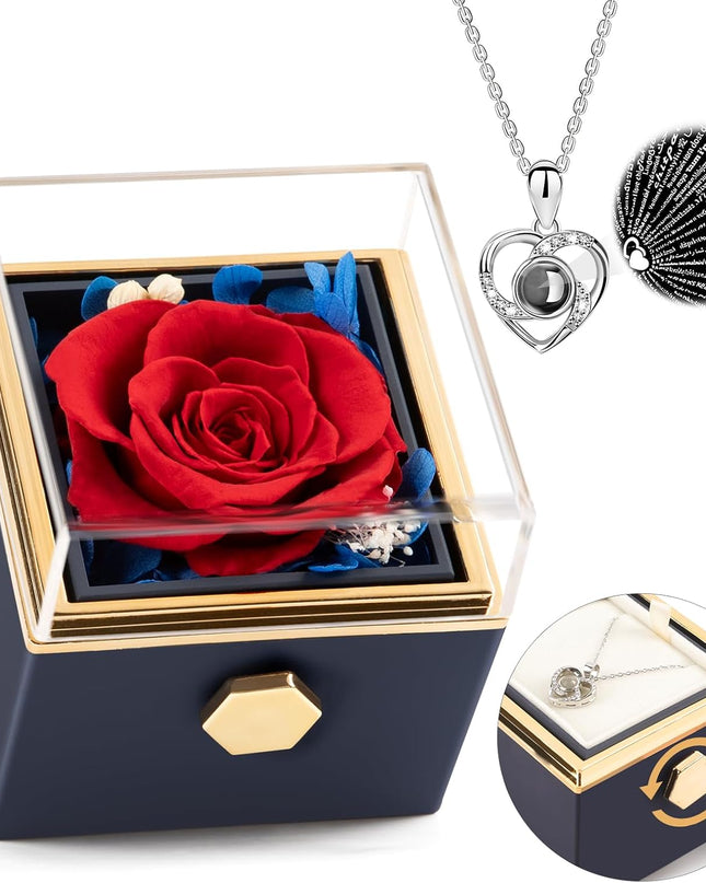 Preserved Real Red Forever Rose Rotating Box with I Love You Necklace 100 Languages,Eternal Flower for Delivery Prime Valentines Day Gifts for Her Women Mom Grandma Wife Girlfriend