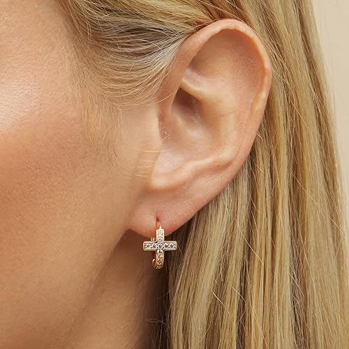 Barzel 18k Gold Plated Crystal Huggies Cross Earrings for Women